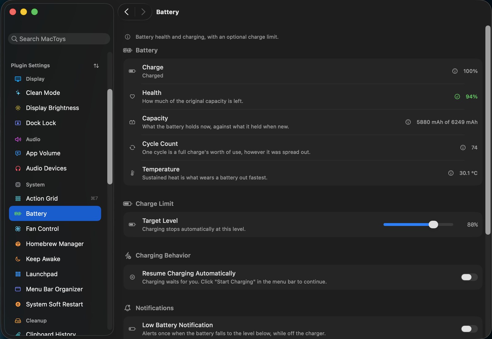 Battery settings showing health, cycles, temperature and a charge limit slider