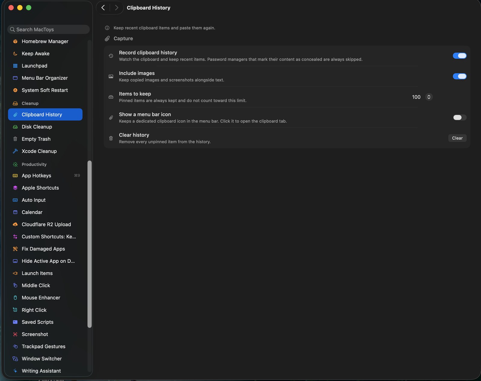 Clipboard history settings