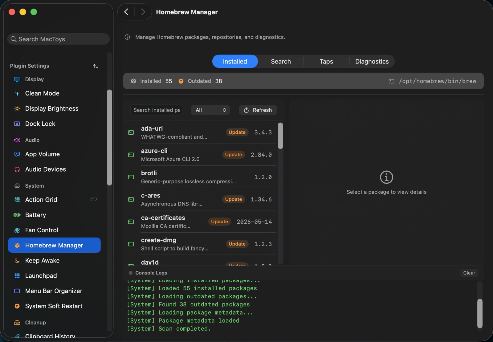 Homebrew manager showing installed and outdated packages