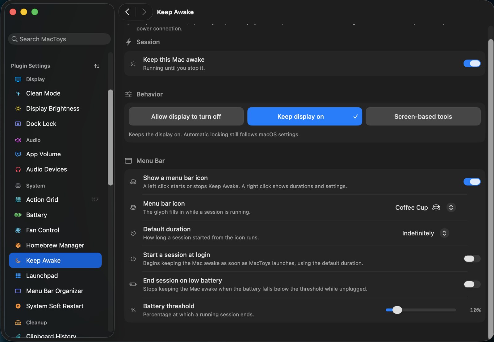 Keep Awake settings with session duration and battery threshold