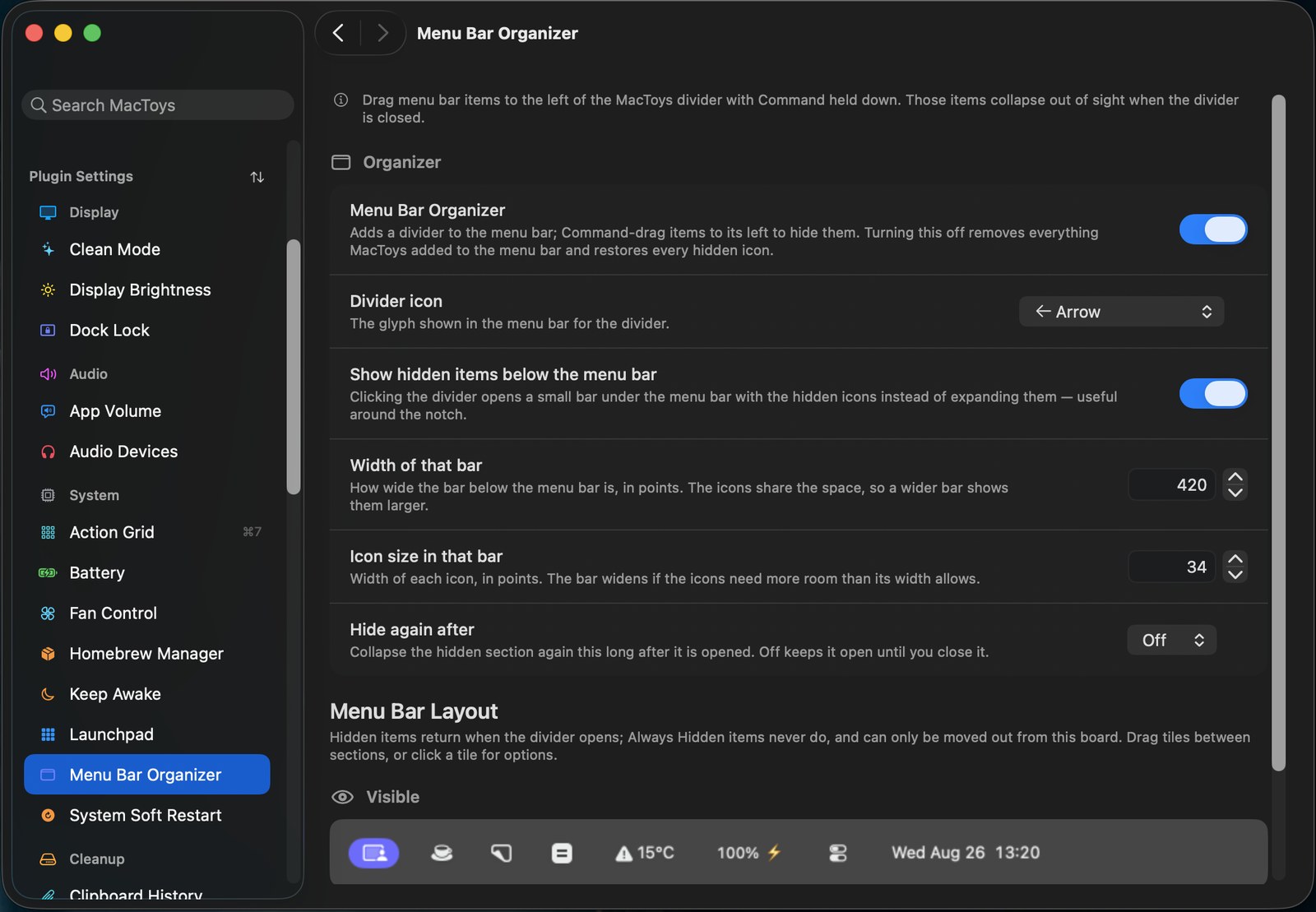 Menu bar organizer settings with a drag and drop layout board