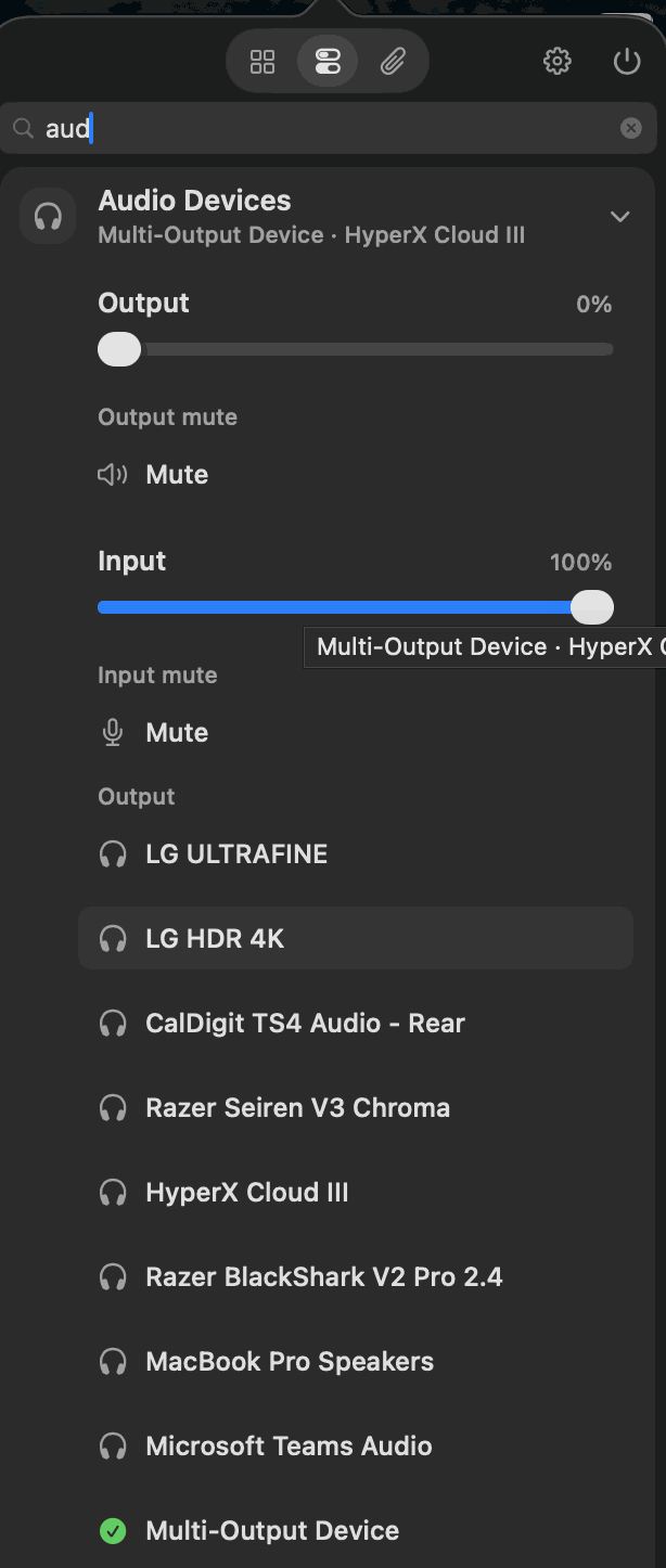 MacToys audio panel listing output and input devices with volume sliders