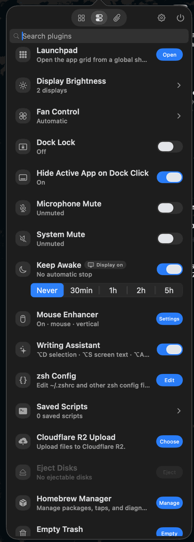 MacToys tool list with toggles for Keep Awake, Dock Lock, mute and more