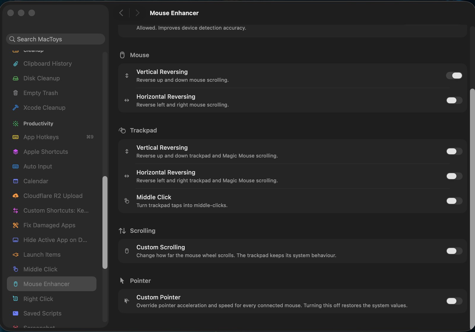 Mouse enhancer settings for scroll direction and pointer speed