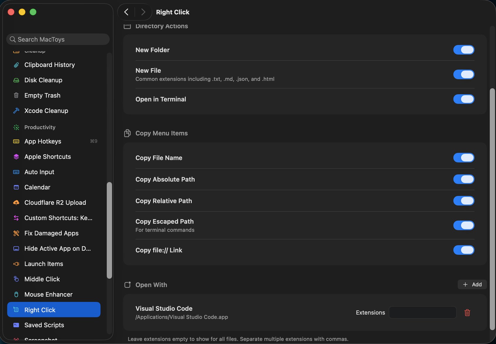 Right click settings with Finder context menu actions