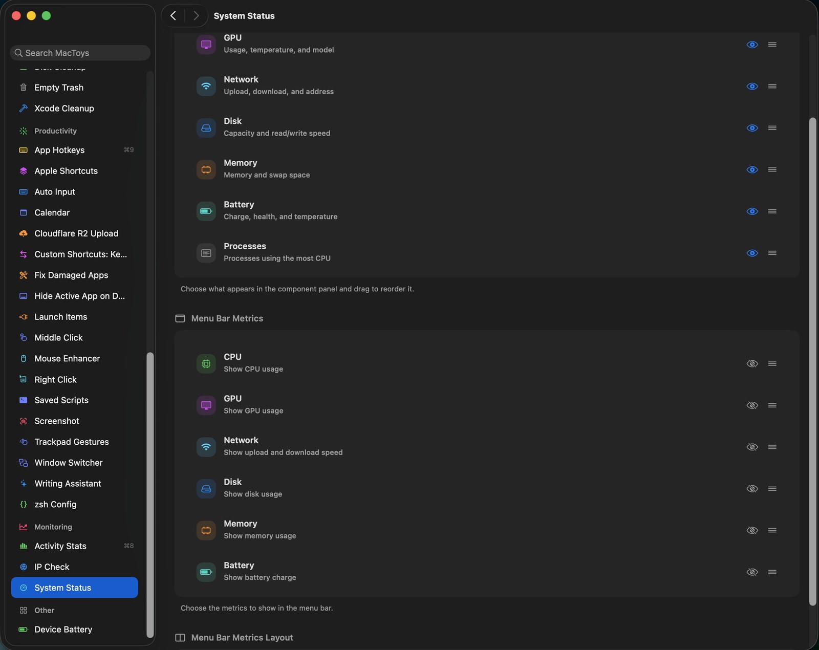 System status settings choosing menu bar metrics