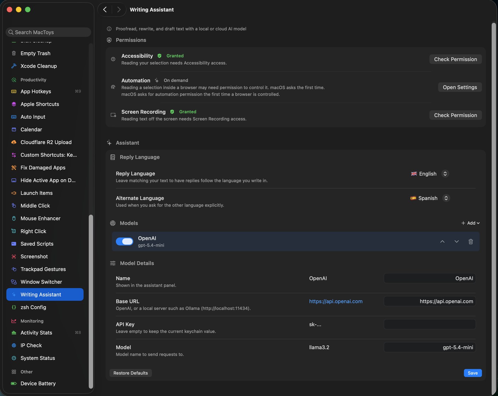 Writing assistant settings with local and cloud model configuration